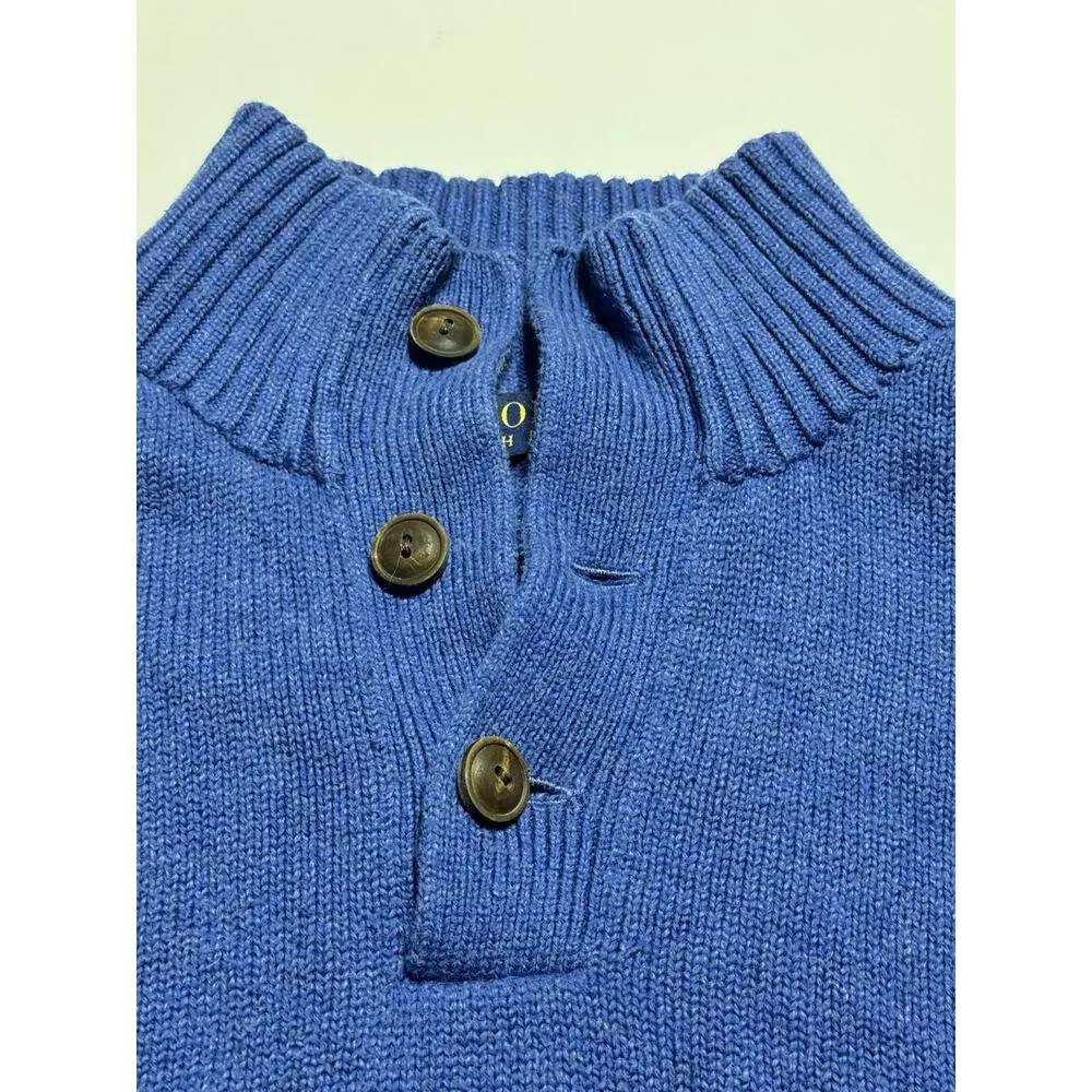 Polo Ralph Lauren Blue Ribbed Knit Mock Neck Button Pullover Sweater Logo XL